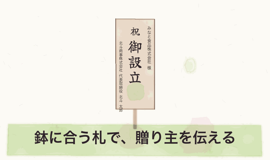 鉢に合う札で、贈り主を伝える