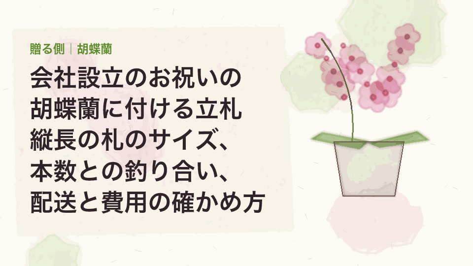 会社設立のお祝いの胡蝶蘭に付ける立札｜縦長の札のサイズ、本数との釣り合い、配送と費用の確かめ方
