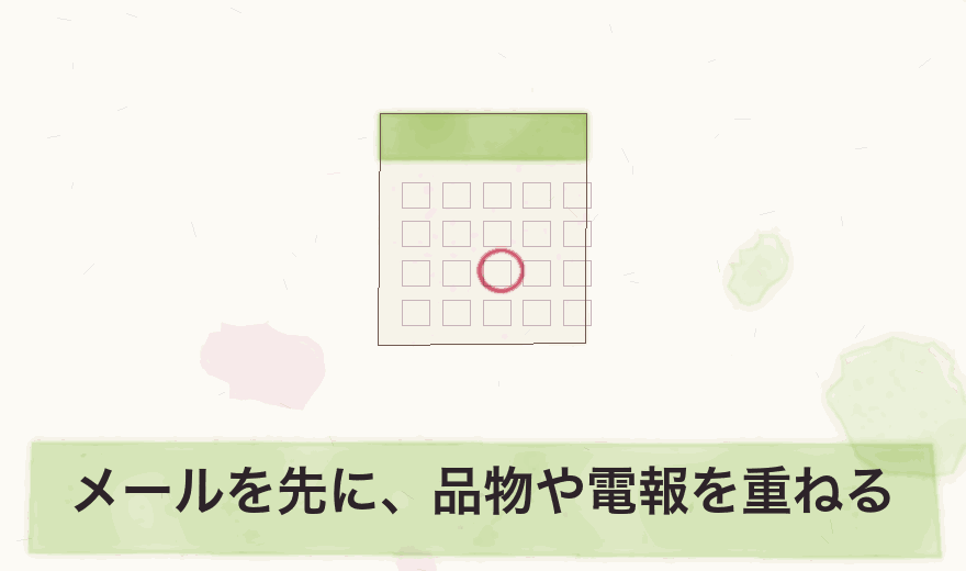 メールを先に、品物や電報を重ねる