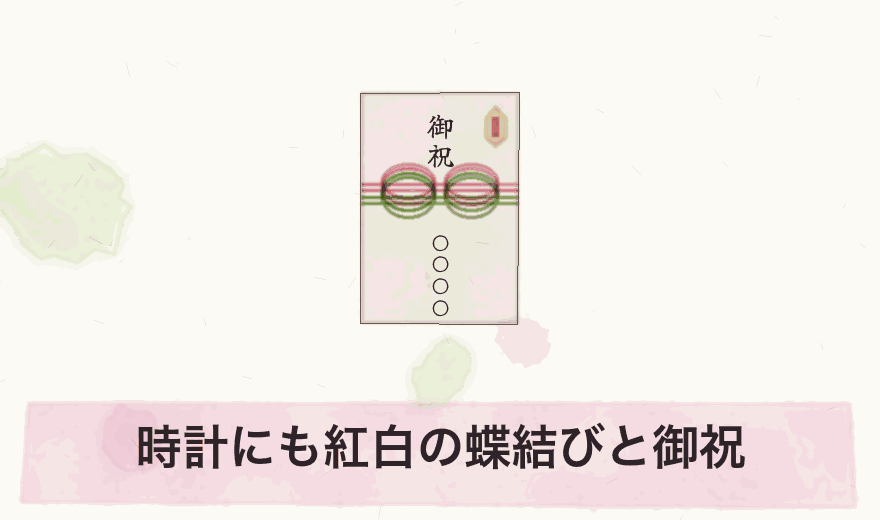 時計にも紅白の蝶結びと御祝
